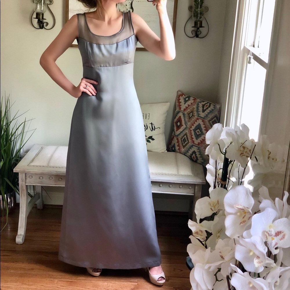 Dessy Vintage Satin Evening Gown Silver
